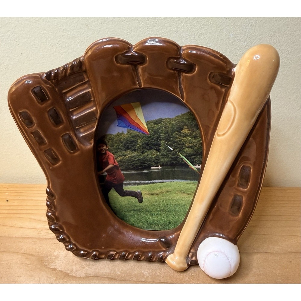 Ceramic Picture Frame Brown BASEBALL GLOVE with BAT and BALL PHOTO Size ~2.5X3.5